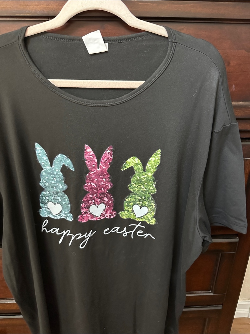 Black Short Sleeve Tee — 'Happy Easter' Sequin Bunny Graphic